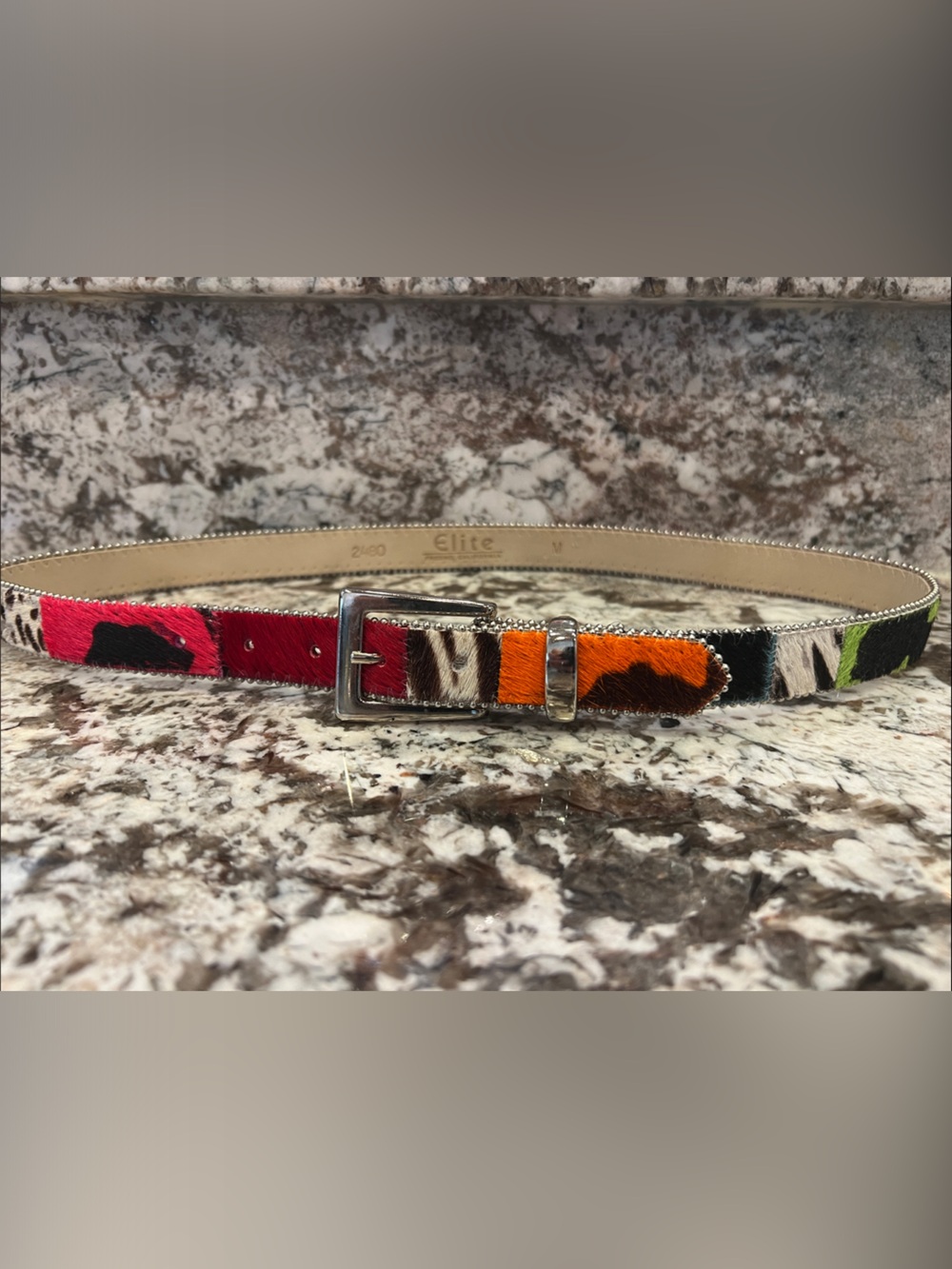 EliteStyle Colorblock Calf Hair Animal Print Belt with Silver Buckle